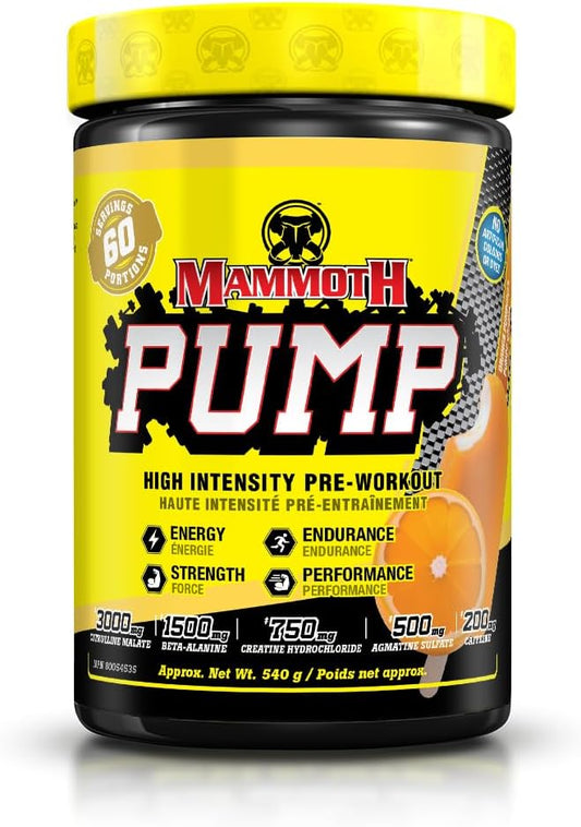 Mammoth Pump pre-workout supplement container with yellow and black design