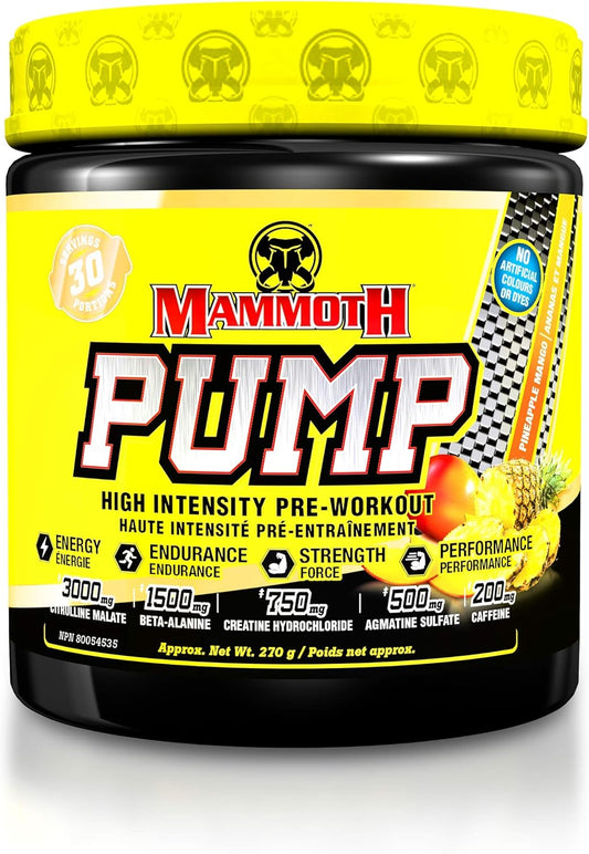 Mammoth Pump pre-workout supplement container with yellow and black design