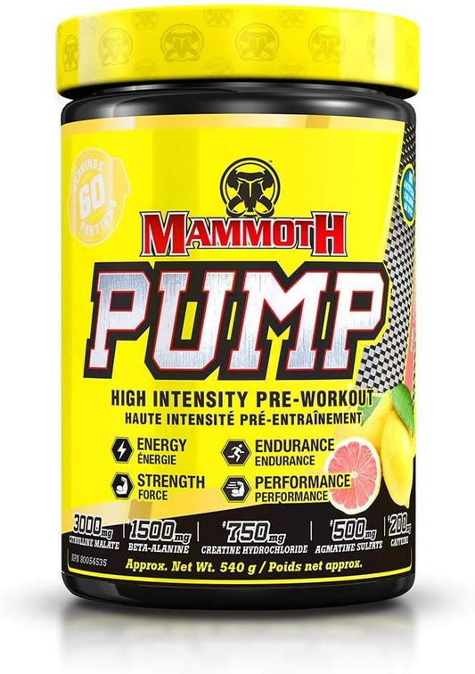Mammoth Pump pre-workout supplement container with yellow lid and label.