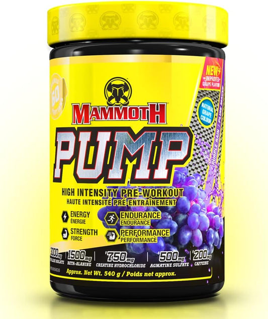Mammoth Pump pre-workout supplement container with yellow lid and purple grapes on a white background