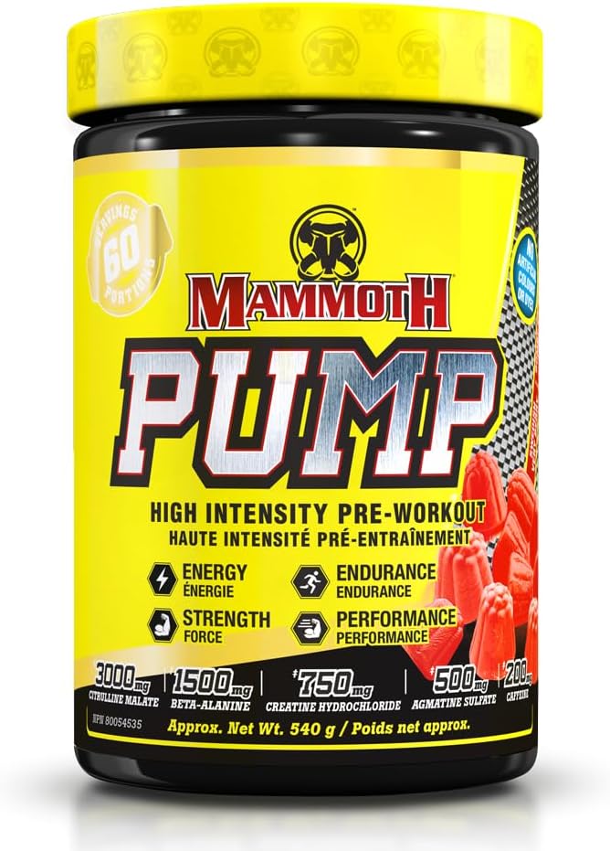 Mammoth Pump pre-workout supplement container with yellow lid and label.