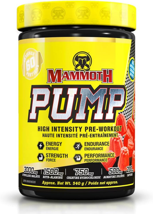 Mammoth Pump pre-workout supplement container with yellow lid and label.