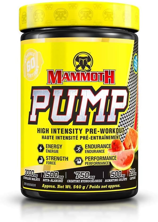 Mammoth Pump pre-workout supplement container with yellow lid and label.