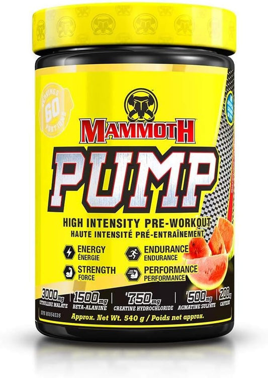 Mammoth Pump pre-workout supplement container with yellow lid and label.