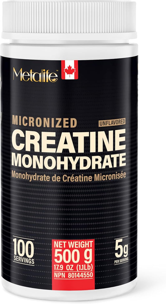 Container of Micronized Creatine Monohydrate by Metaphite on a white background