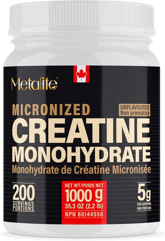A white plastic bottle of Metalife Micronized Creatine Monohydrate with a black label featuring gold and red text and a small Canadian flag logo.