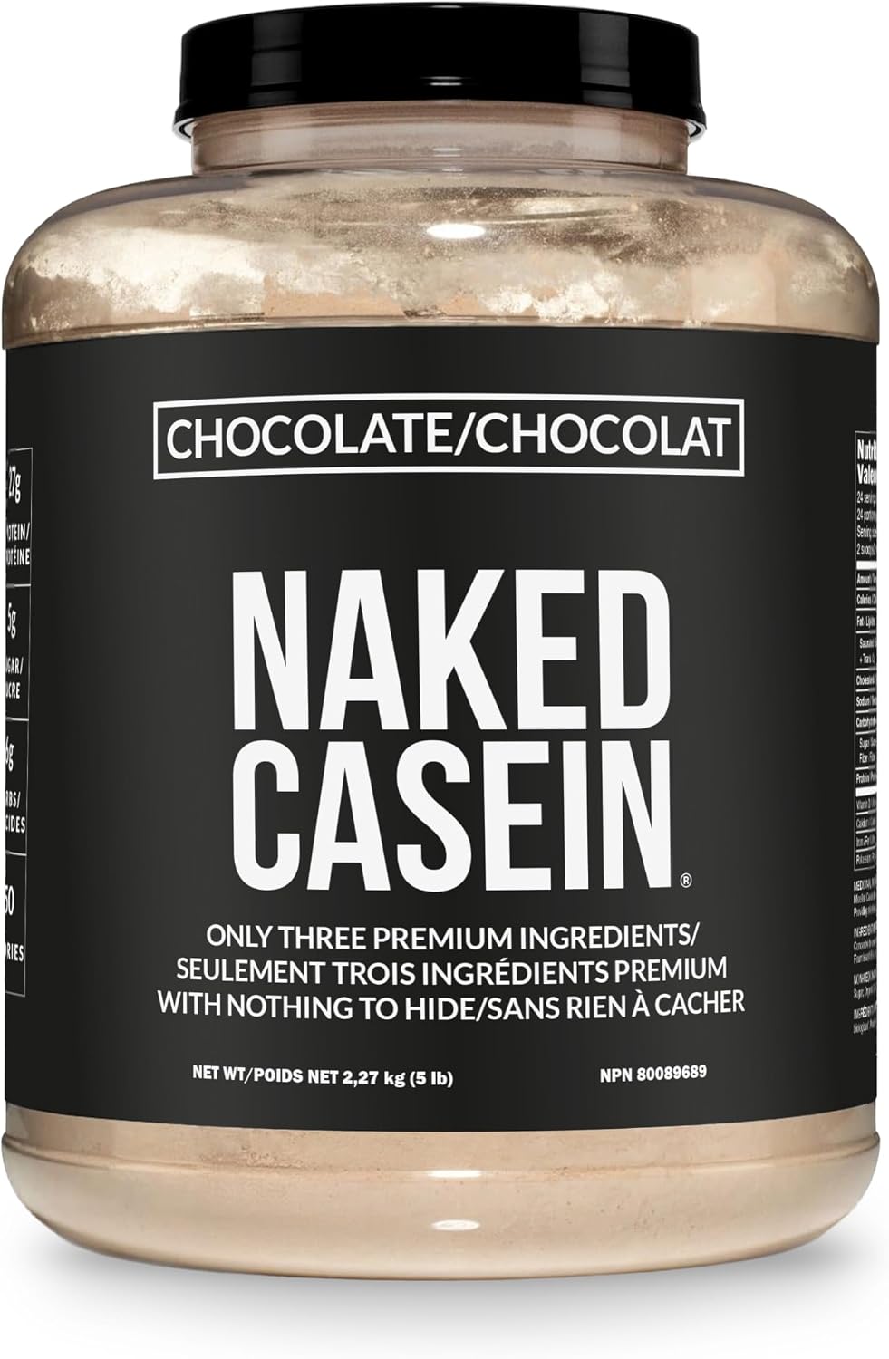 A large plastic tub of Naked Casein protein powder in Chocolate flavor, featuring a black label with bold white text and a black lid.
