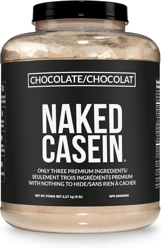A large plastic tub of Naked Casein protein powder in Chocolate flavor, featuring a black label with bold white text and a black lid.