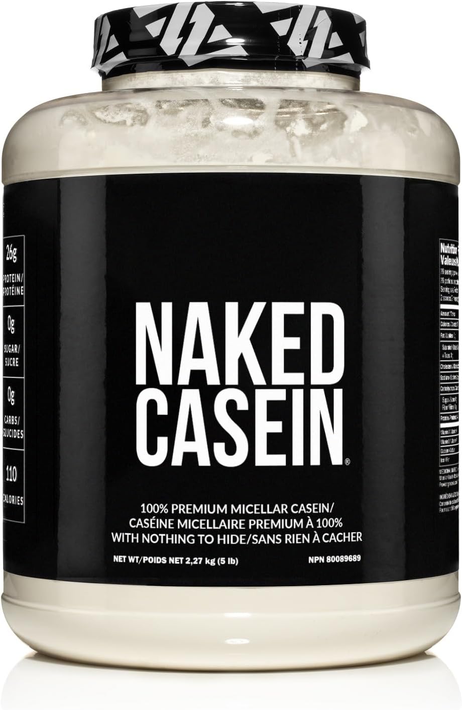 A tub of Naked Casein protein powder with a black label and white text, shown on a white background.