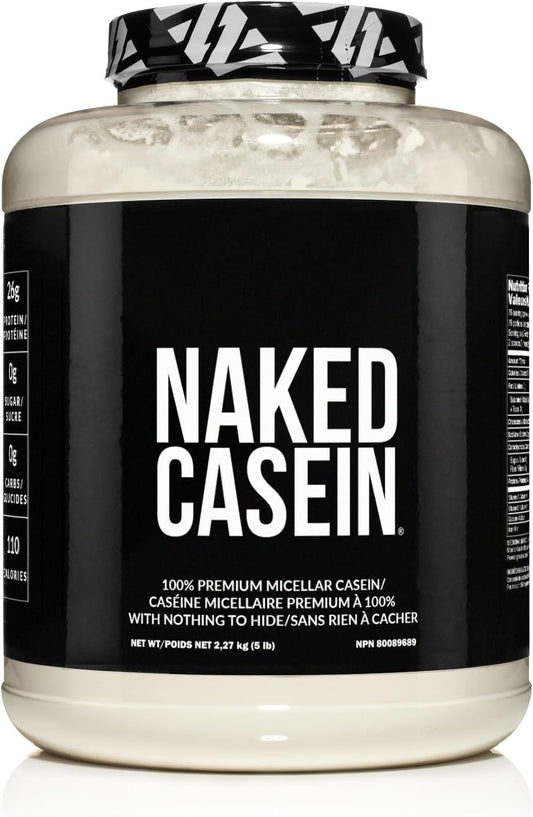 A tub of Naked Casein protein powder with a black label and white text, shown on a white background.