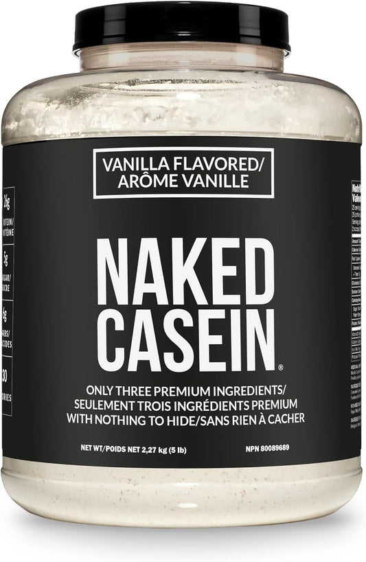 A large plastic tub of Naked Casein Vanilla Flavored protein powder with a black lid and a black label featuring bold white text.