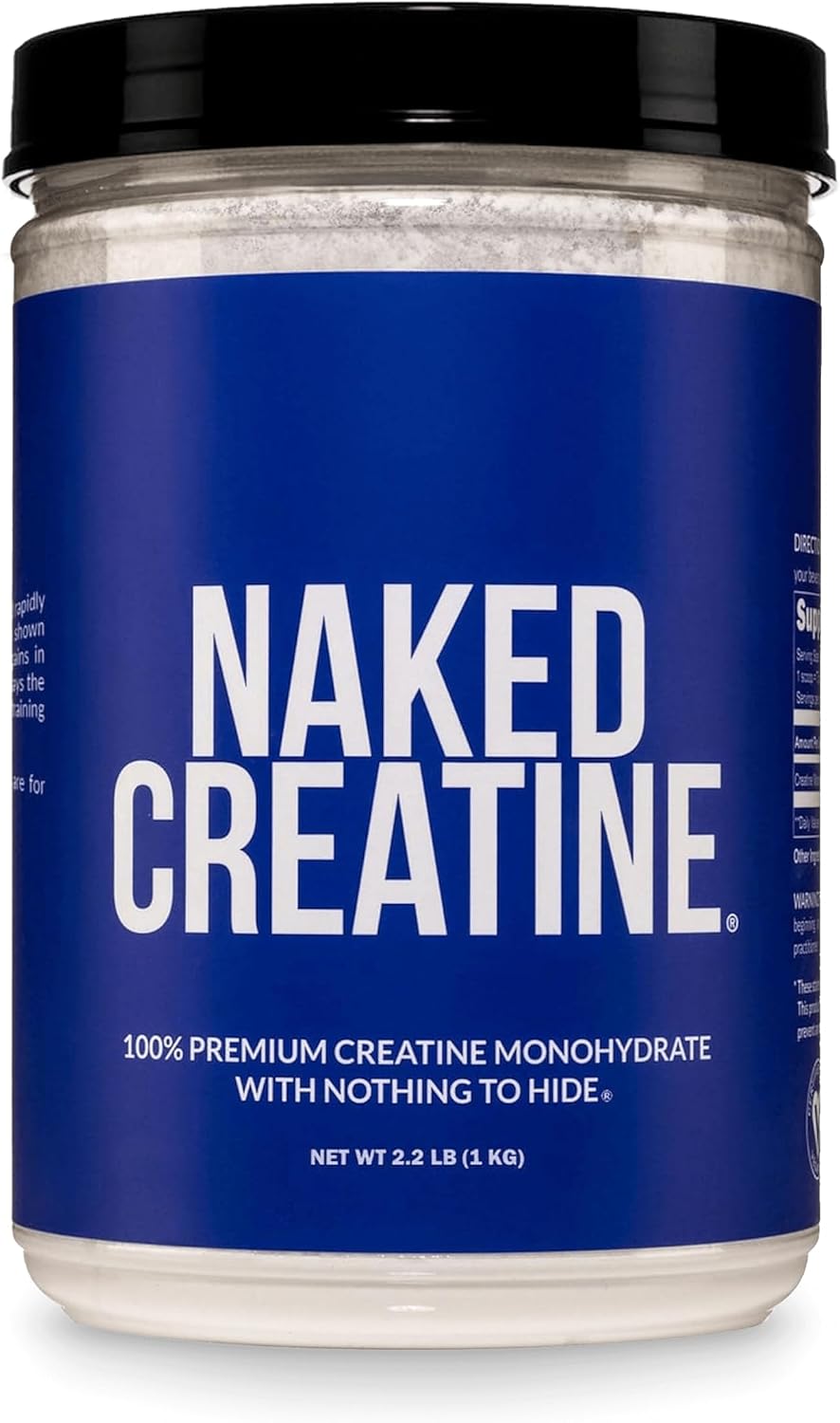A jar of Naked Creatine 100% premium creatine monohydrate with a black lid and a dark blue label featuring bold white text.