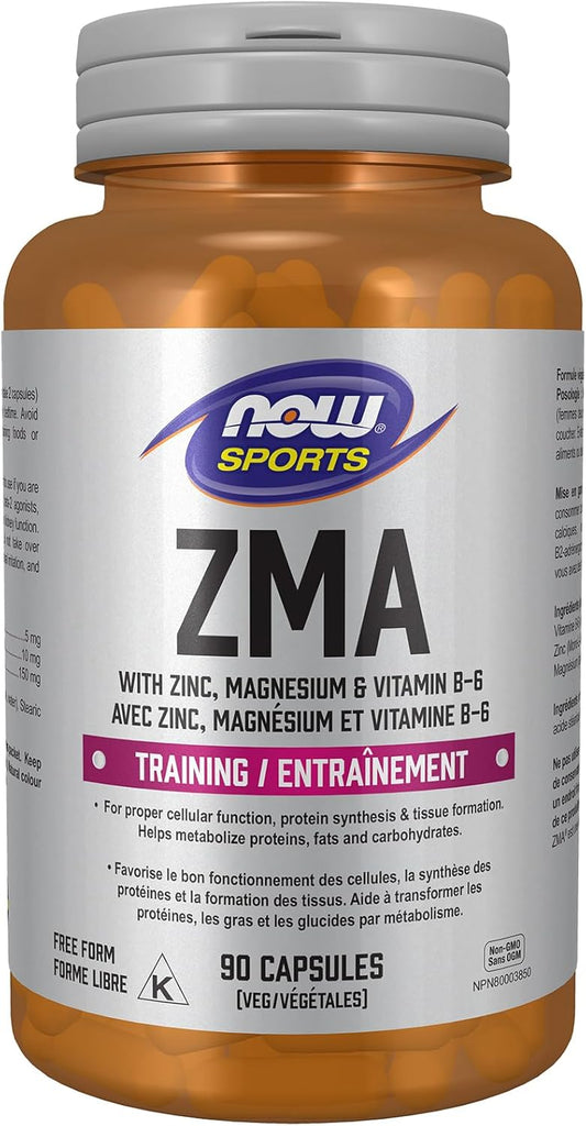 Supplement bottle labeled 'ZMA' with NOW Sports branding on a white background