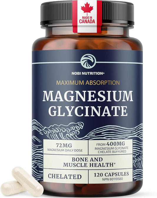 Bottle of Nobi Nutrition Magnesium Glycinate capsules with a blue label and Canadian flag on the cap.
