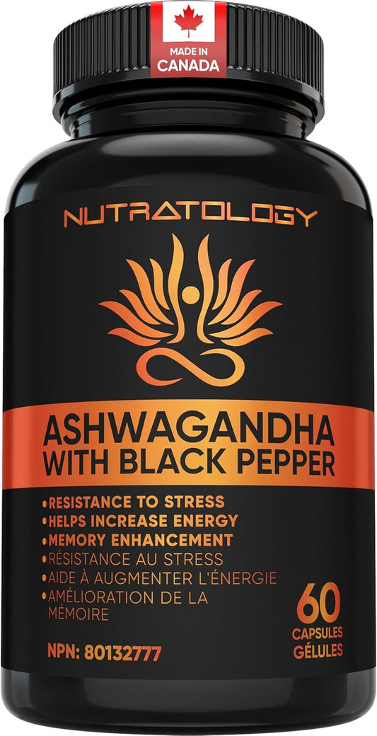 Nutratology Ashwagandha with Black Pepper supplement bottle on a white background