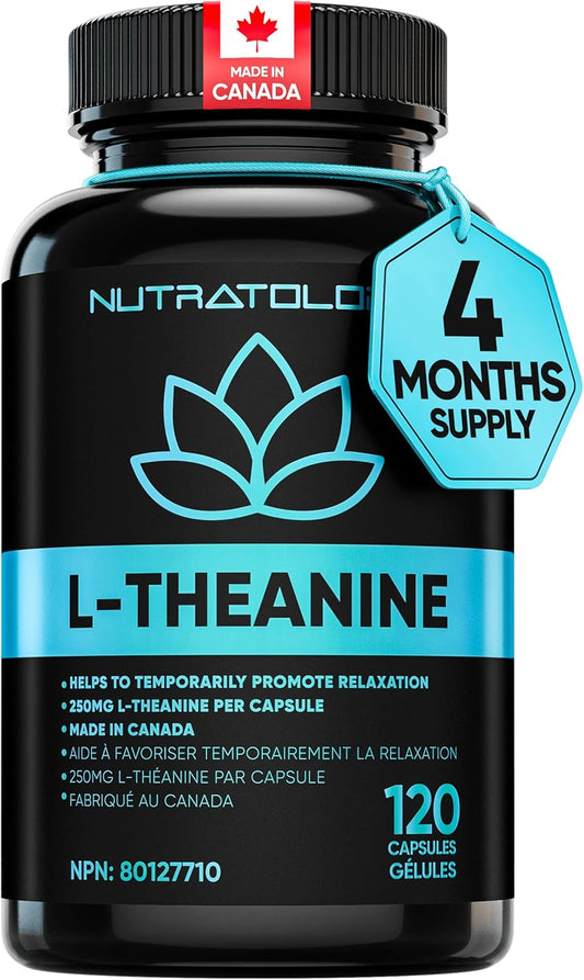 Nutrafol L-Theanine supplement bottle with a 4 months supply label on a white background