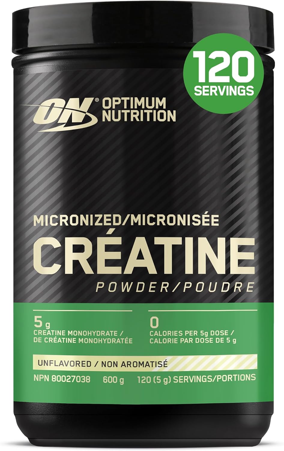 Optimum Nutrition Creatine Powder container with black and green design