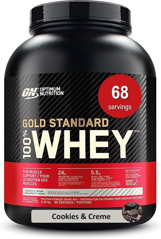 Optimum Nutrition Gold Standard 100% Whey protein powder container with 68 servings on a black background