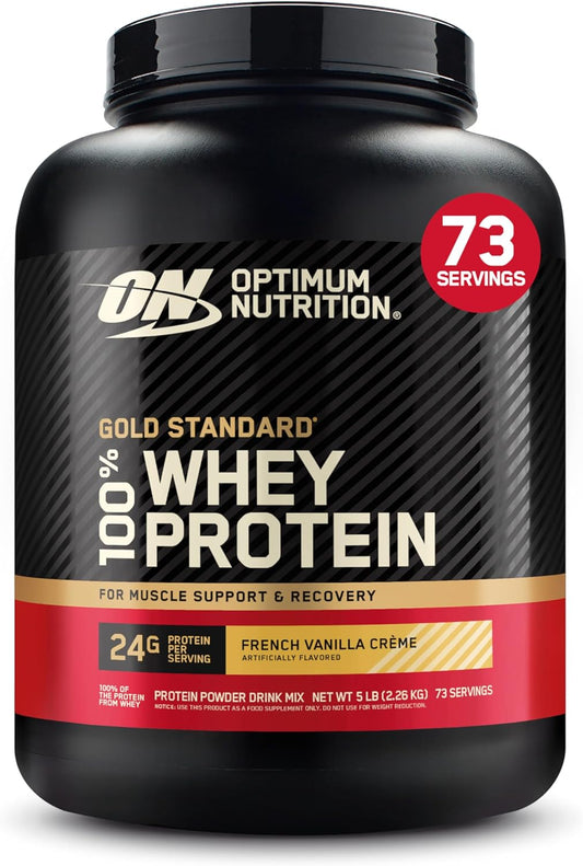 Optimum Nutrition Gold Standard 100% Whey Protein container in French Vanilla Creme flavor on a white background