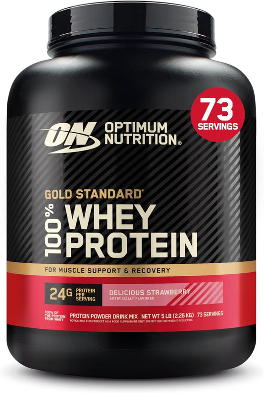 Optimum Nutrition Gold Standard 100% Whey Protein container on a white background