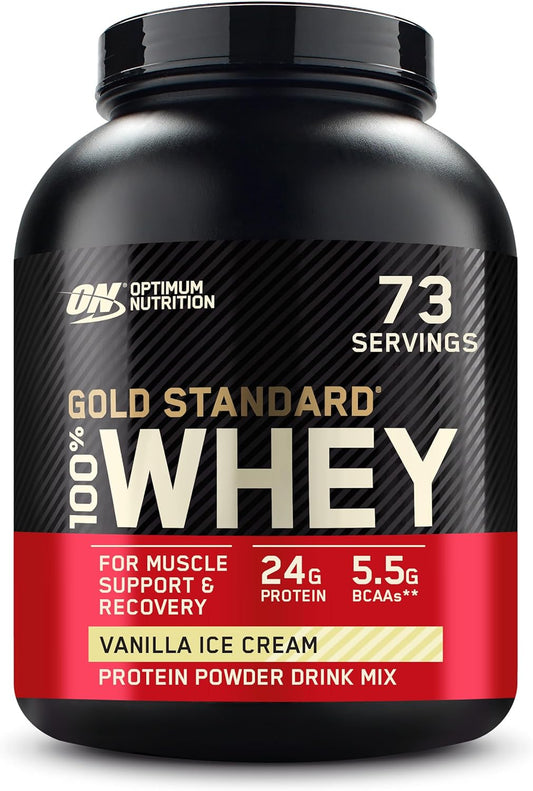 Optimum Nutrition Gold Standard 100% Whey protein powder container.