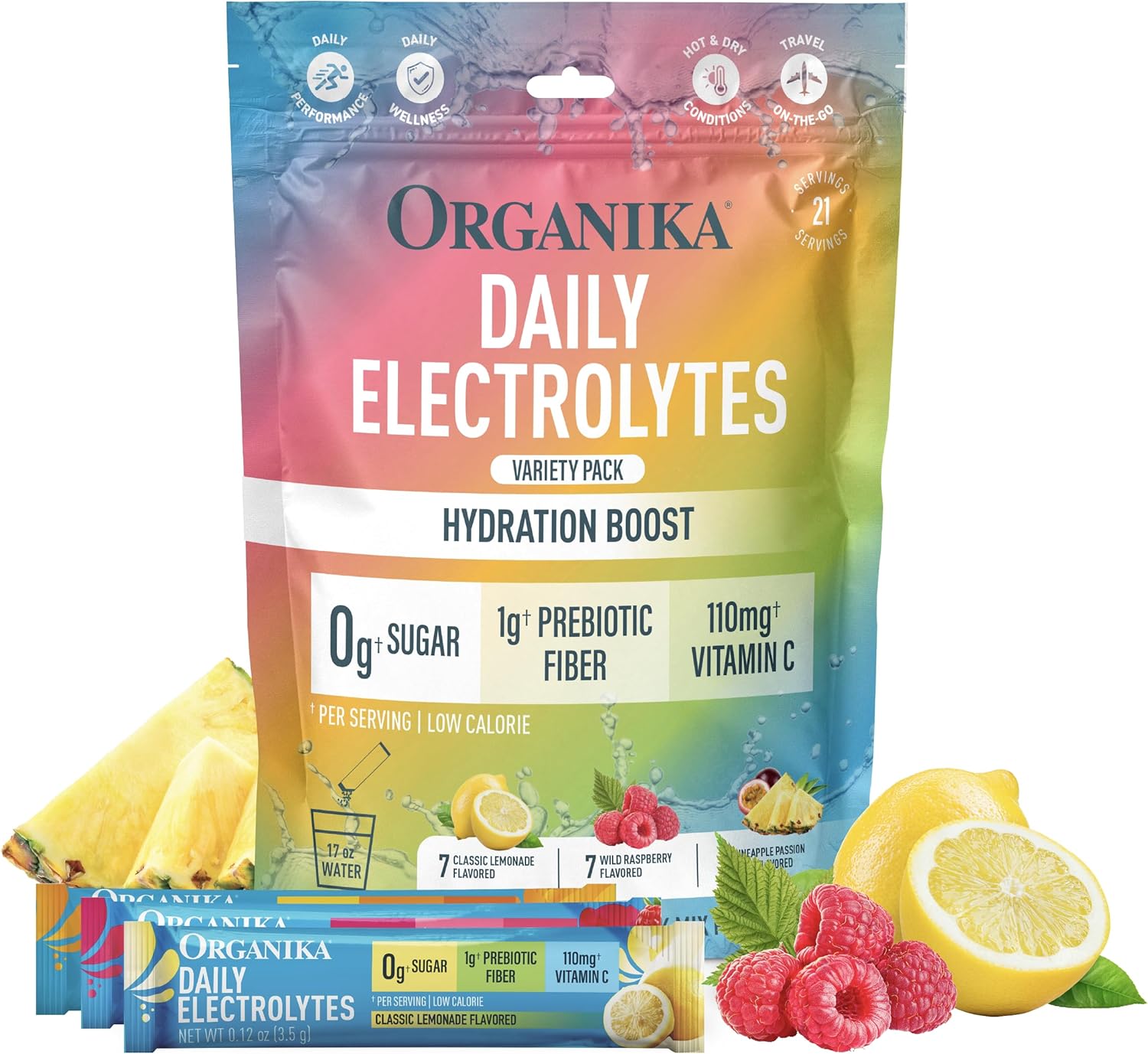 Organika Daily Electrolytes variety pack with lemon and raspberry graphics on a white background