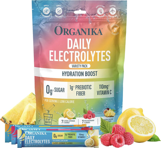 Organika Daily Electrolytes variety pack with lemon and raspberry graphics on a white background