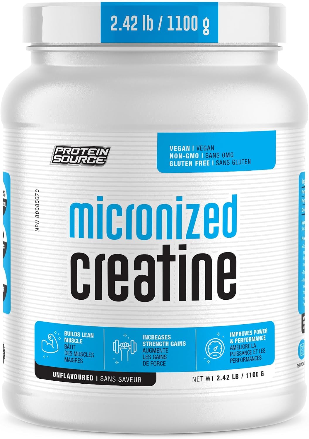 A white plastic tub of Protein Source micronized creatine with blue and black text on the label, shown against a plain white background.