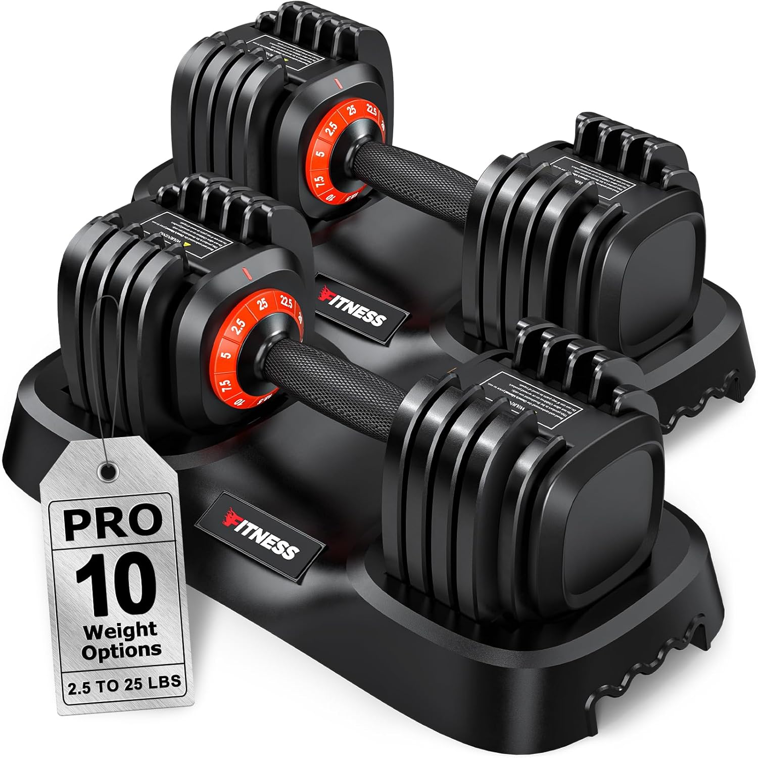 Pair of adjustable dumbbells with weight display on a white background