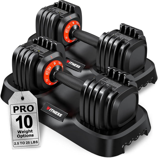 Pair of adjustable dumbbells with weight display on a white background
