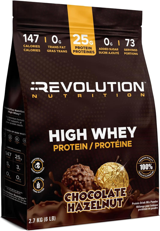 Revolution Nutrition High Whey Protein package with chocolate hazelnut flavor on a white background