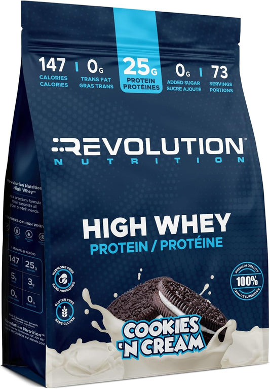 Revolution Nutrition High Whey Protein package with cookies 'n cream flavor on a white background