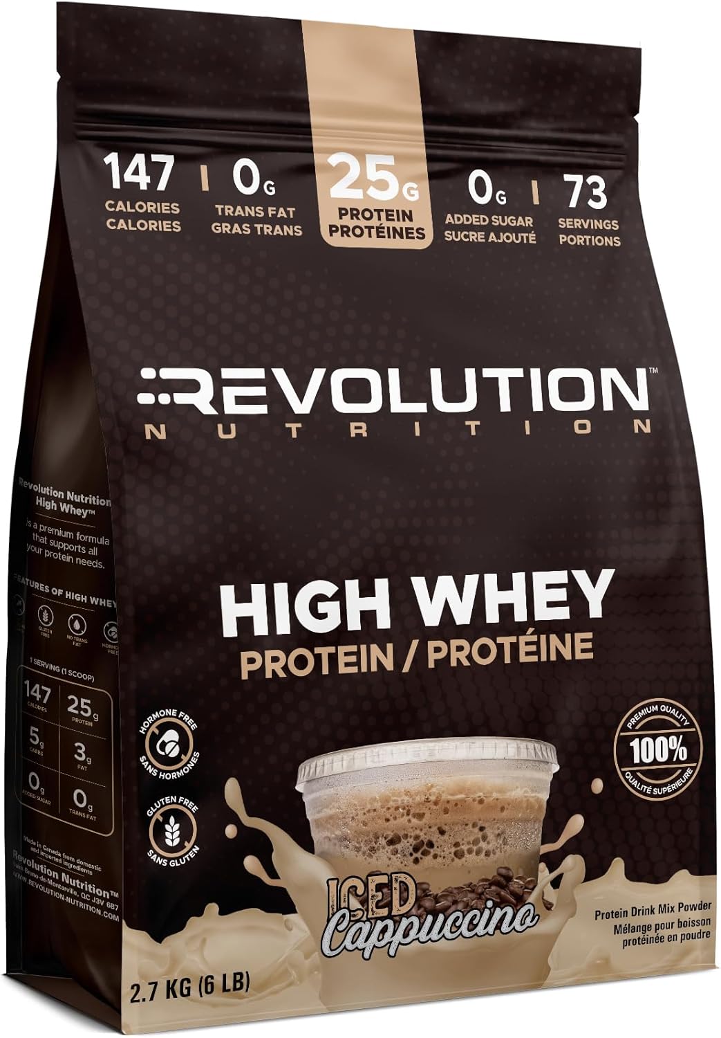 Revolution Nutrition High Whey Protein package for iced cappuccino flavor on a white background