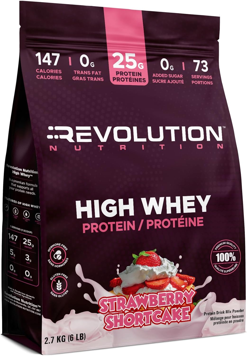 Bag of Revolution Nutrition High Whey Protein powder in strawberry shortcake flavor on a white background