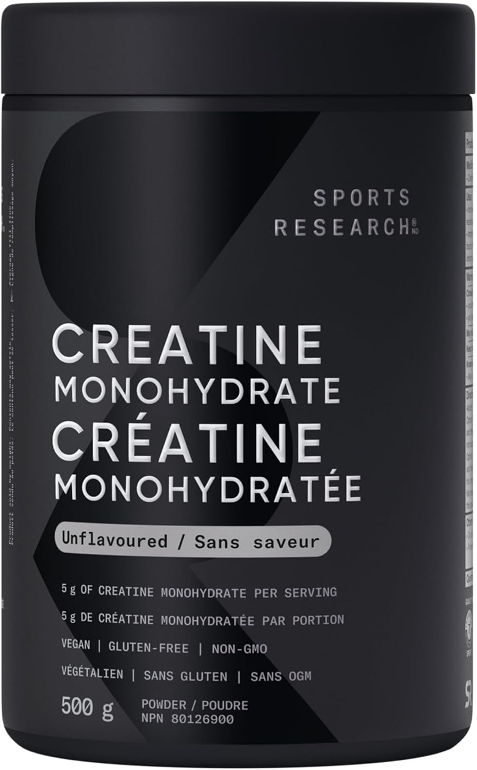 A black tub of Sports Research Creatine Monohydrate powder, 500g, with white text on a dark background.