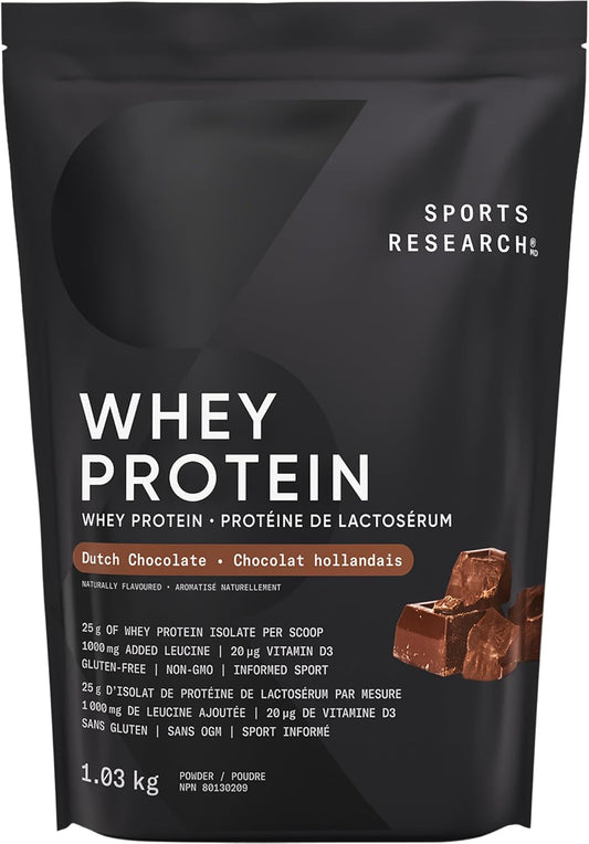 Sports Research whey protein package with Dutch chocolate flavor on a black background