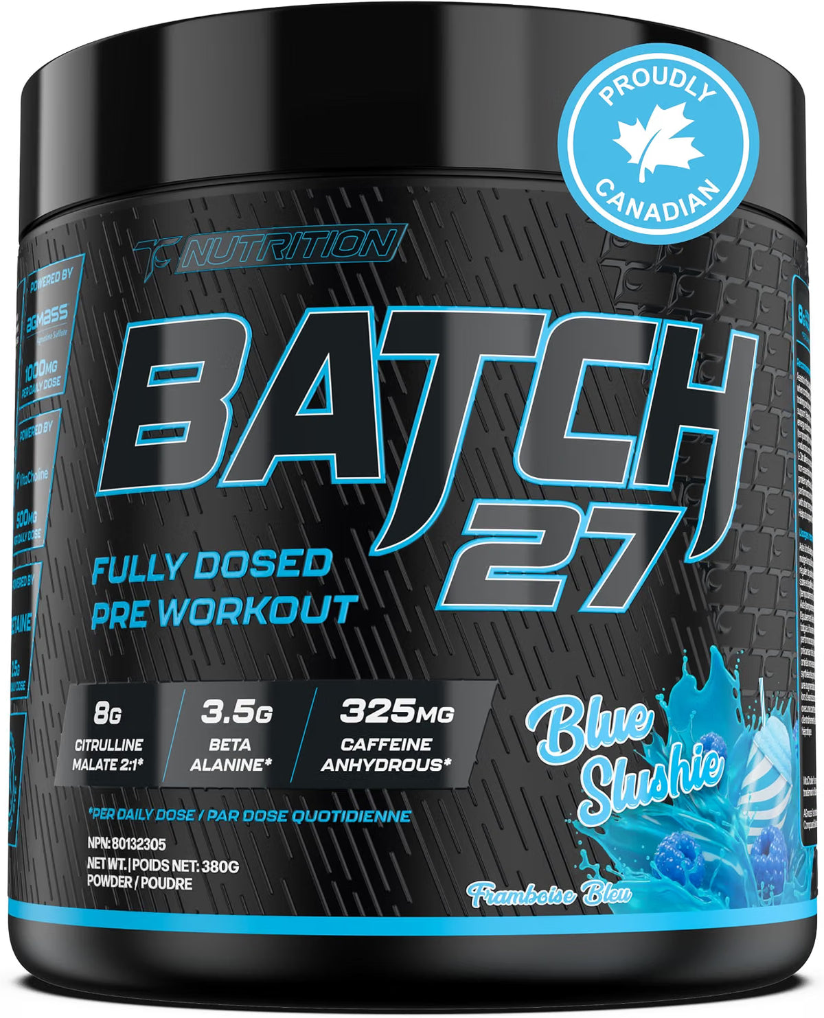Batch 27 pre-workout supplement container with blue and black design