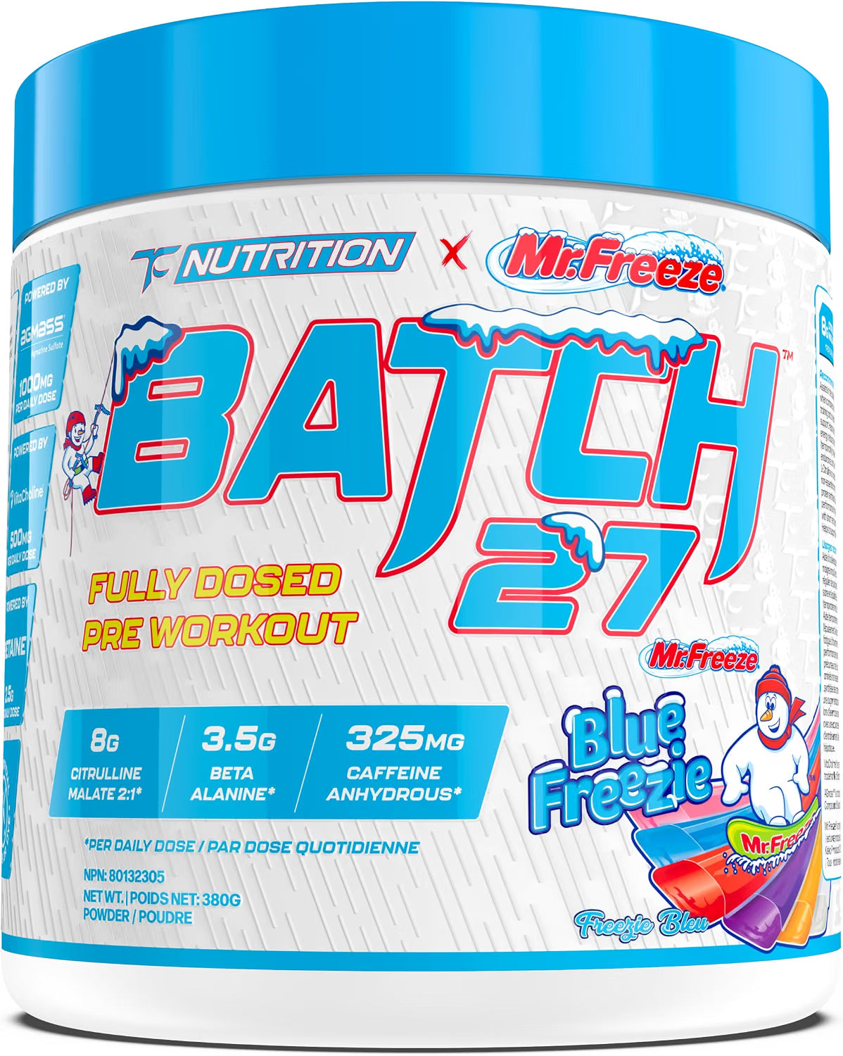 A tub of T-Nutrition x Mr.Freeze Batch 27 Fully Dosed Pre Workout powder in Blue Freeze flavor.