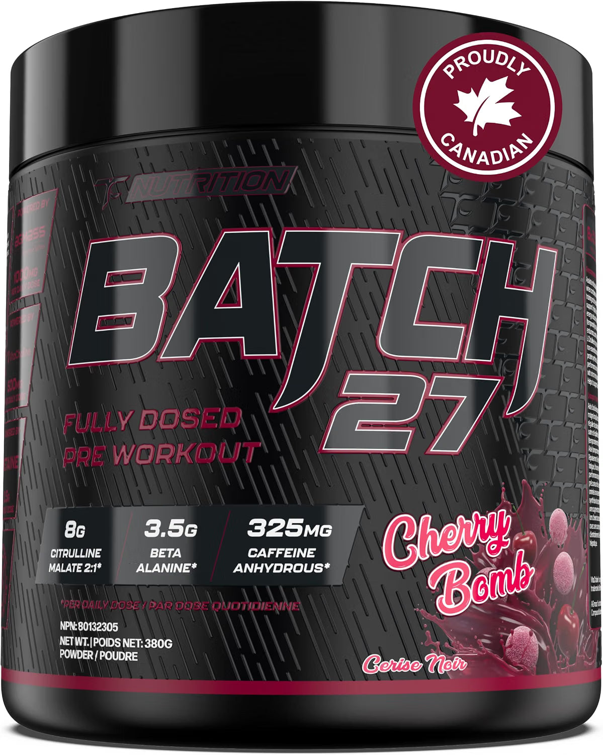 A tub of NutriScience Batch 27 Pre-Workout supplement in Cherry Bomb flavor. The container is black with a textured pattern, featuring large silver and pink lettering for the product name, and a red circular 'Proudly Canadian' badge on the top right.