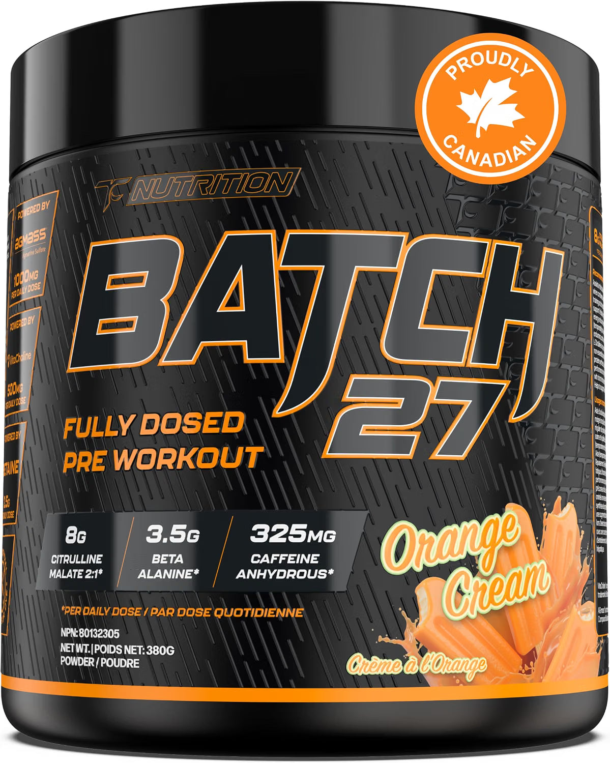Batch 27 pre-workout supplement container with orange and black design