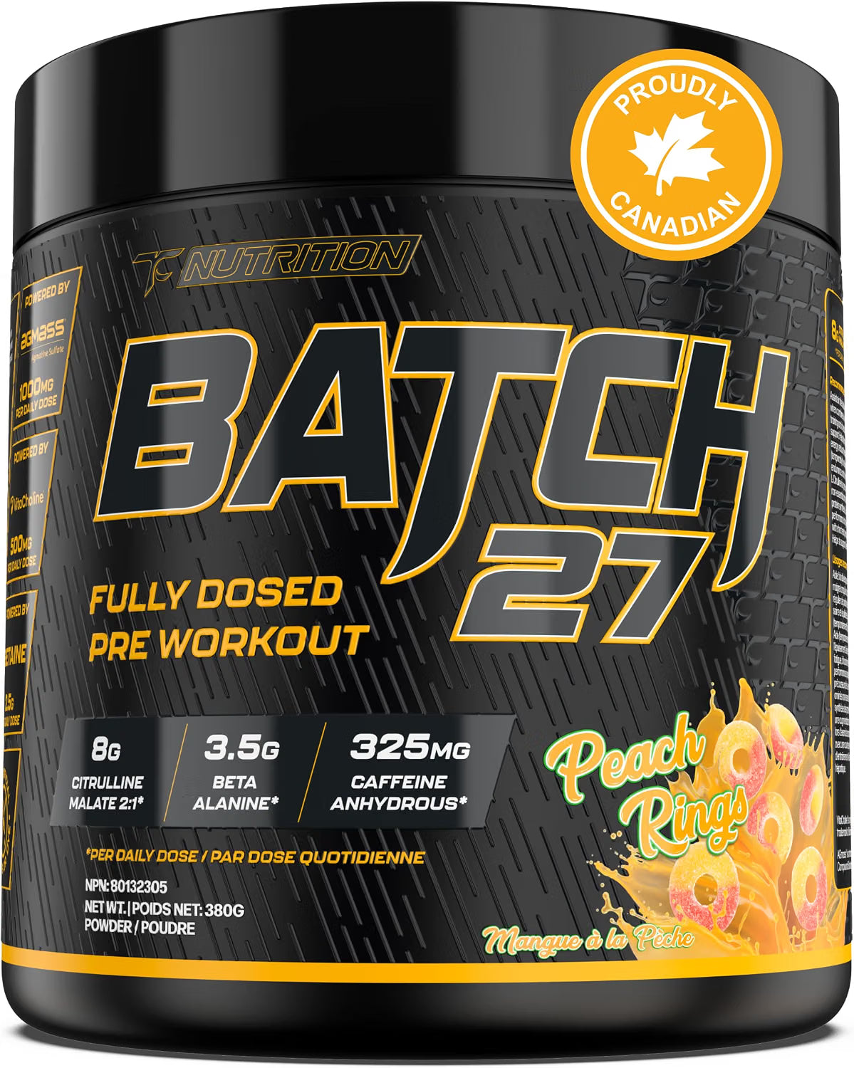 A tub of X Nutrition Batch 27 Pre Workout powder in Peach Ring flavor. The container is black with bold gold and white lettering, featuring a yellow 'Proudly Canadian' seal and a peach-colored ring graphic on the front label.