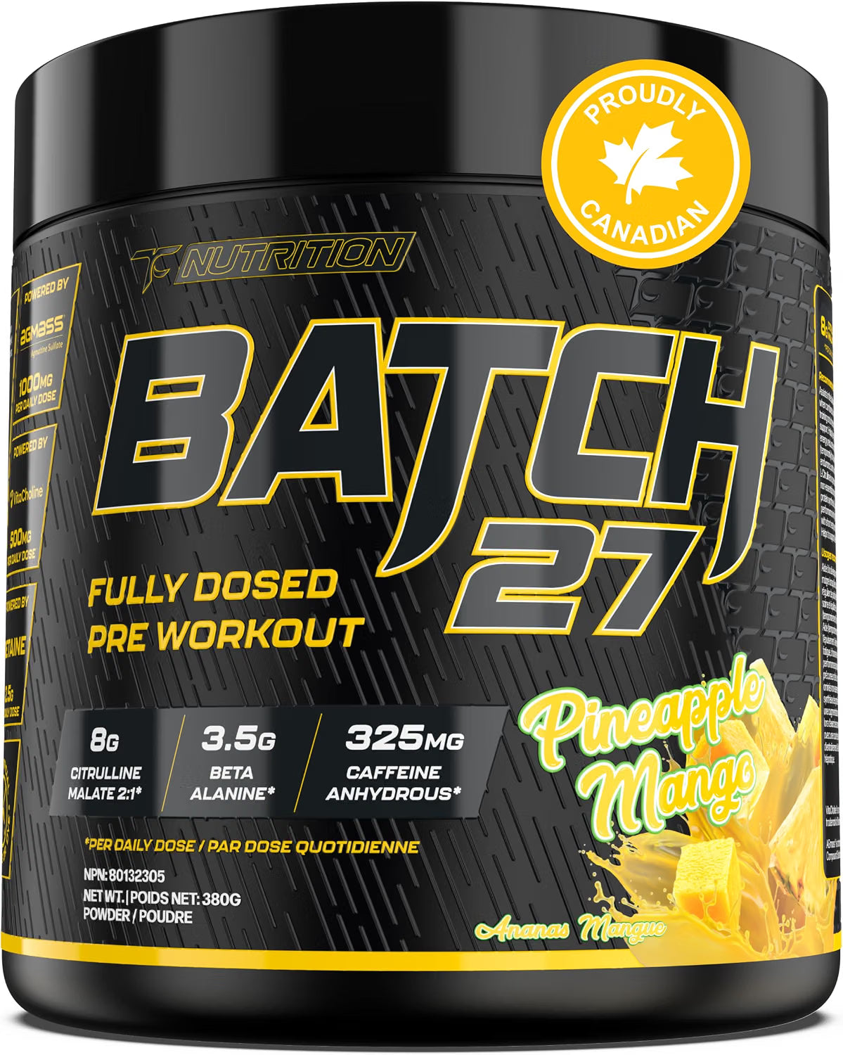 A tub of Anuman Nutrition Batch 27 Pre-Workout supplement in Pineapple Mango flavor. The container is black with a textured pattern, featuring large gold and white lettering for 'BATCH 27'.