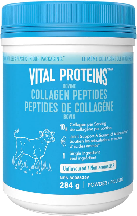 Vital Proteins bovine collagen peptides container with blue lid and label.