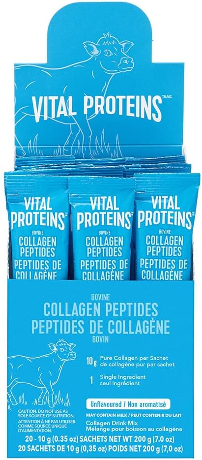 Display of Vital Proteins collagen peptides packets with blue packaging.