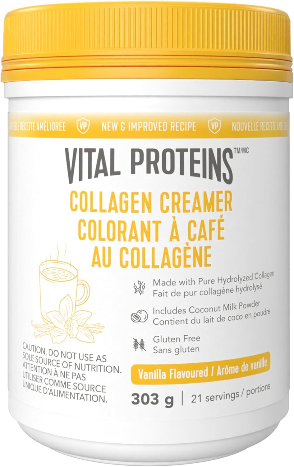 Vital Proteins Collagen Creamer container with yellow lid and white body on a white background