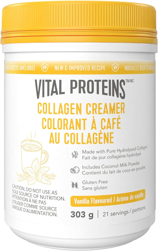 Vital Proteins Collagen Creamer container with yellow lid and white body on a white background