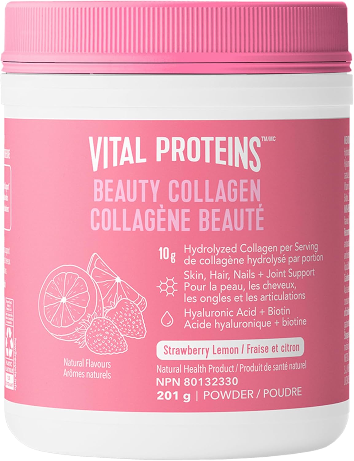 Pink container of Vital Proteins Beauty Collagen with strawberry lemon flavor on a white background