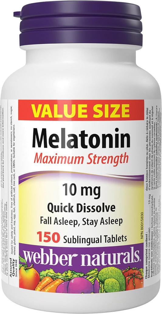 Bottle of Webber Naturals Melatonin Maximum Strength 10 mg quick-dissolve tablets on a white background