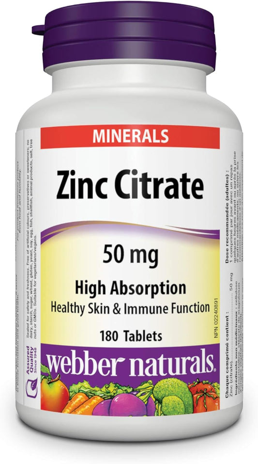 Webber Naturals Zinc Citrate 50 mg supplement bottle on a white background